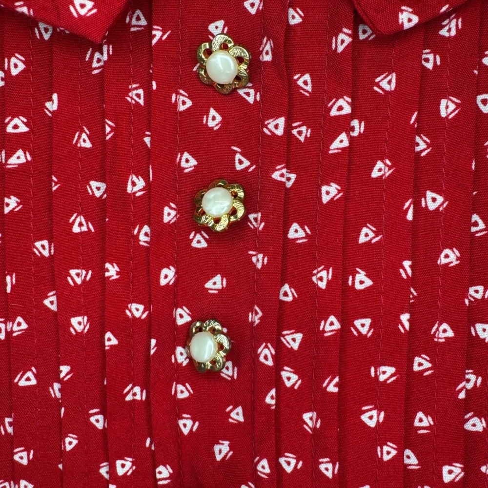 VTG Sunshine Starshine Red 80's Print Dress Peter Pan Collar Pleated sz 12 - Picture 5 of 10